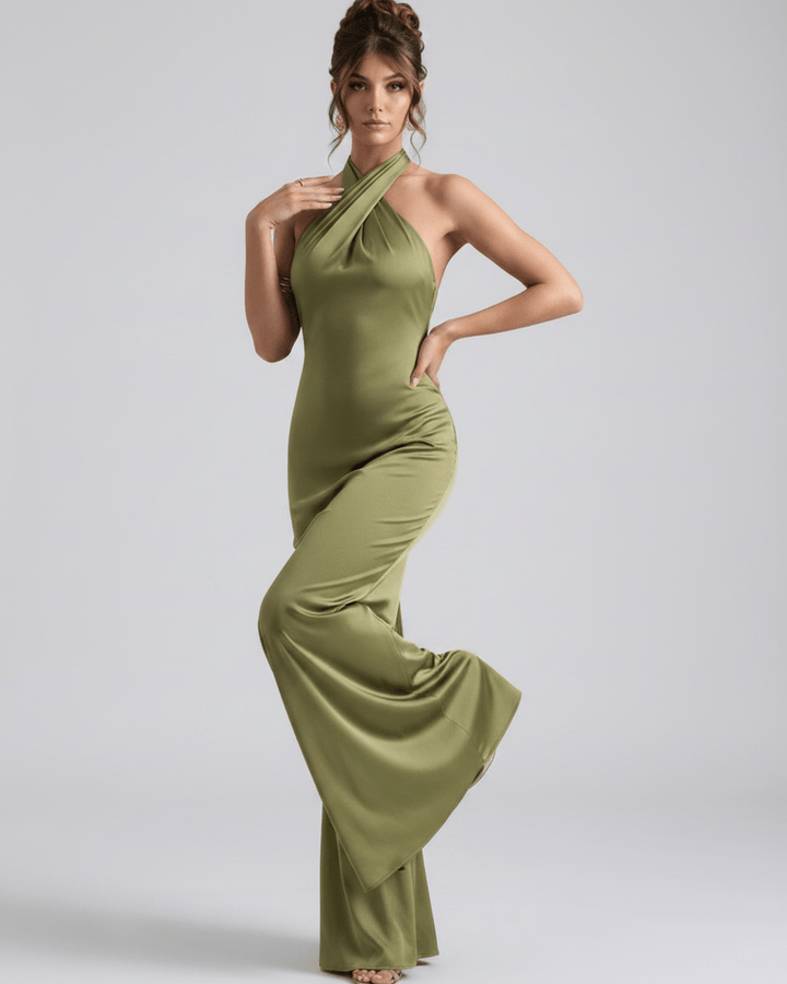 Vestido formal Zerelle con escote Halter, estilo columna. Ideal para eventos de noche.