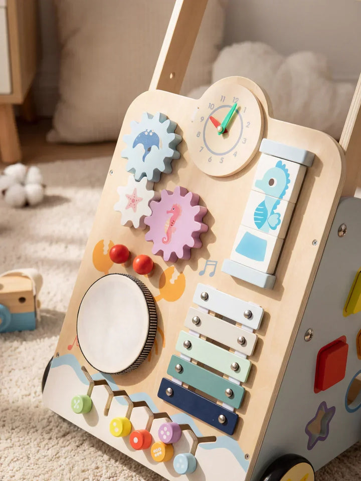 Andador de actividades de madera, juguete didáctico para bebés, ayuda en primeros pasos y estimula el desarrollo infantil.