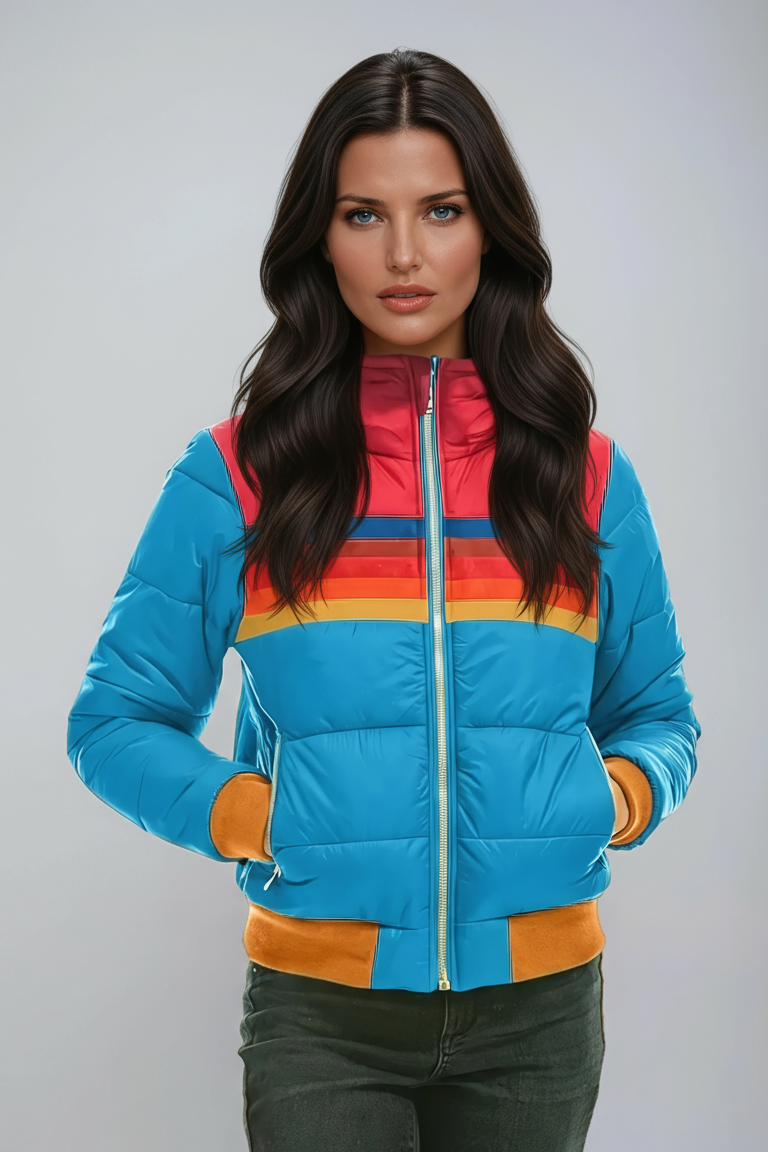 Chaqueta acolchada mujer retro, bloques de color vibrantes. Puffer de invierno moda casual, estilo vintage.