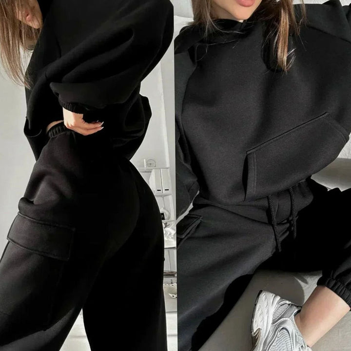 Conjunto casual de sudadera y pantalón jogger cargo para mujer. Comodidad y estilo urbano moderno.