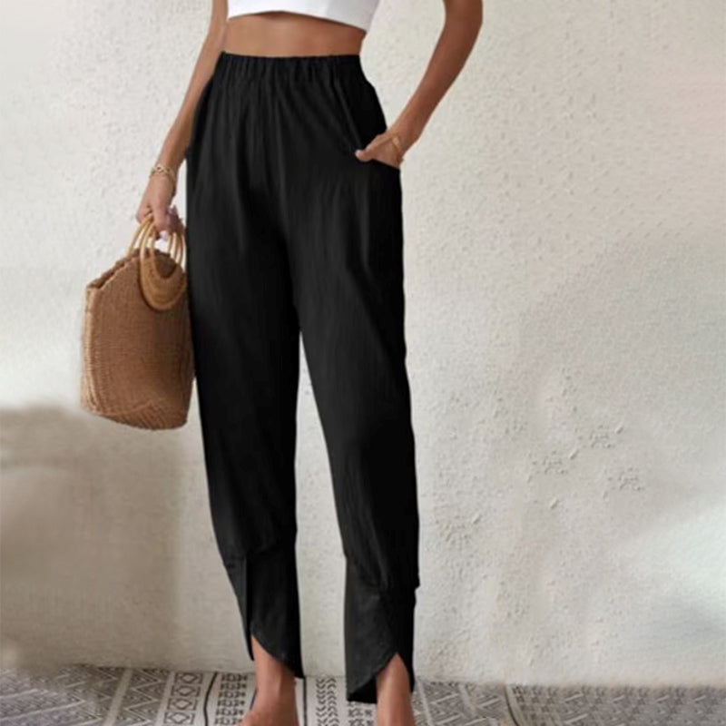 Pantalón de moda con dobladillo abierto para mujer. Estilo transpirable y holgado para uso diario.