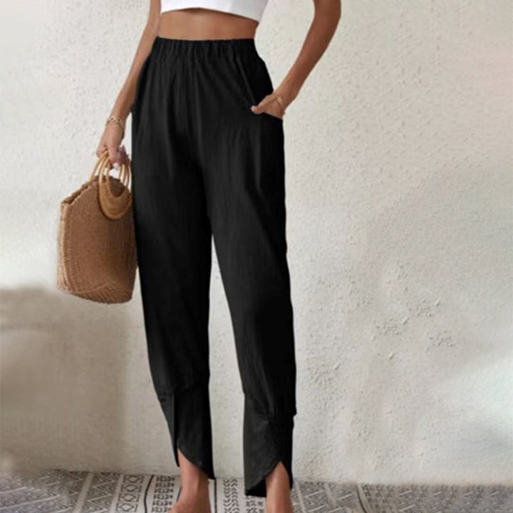 Pantalón de moda con dobladillo abierto para mujer. Estilo transpirable y holgado para uso diario.