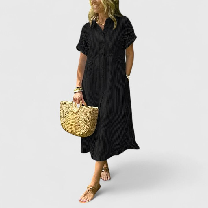 Vestido camisero de mujer a rayas, estilo cómodo y fresco para la moda de verano y primavera.