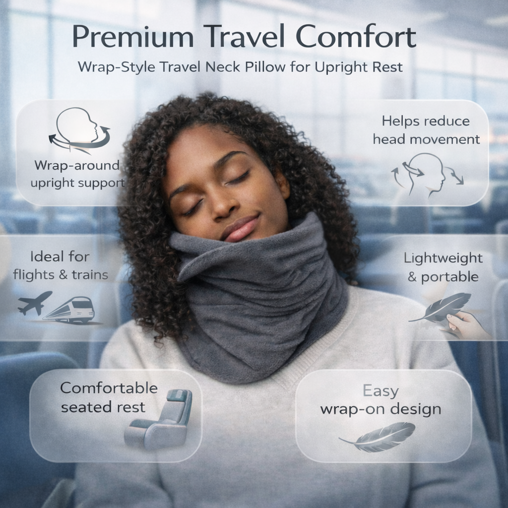 Almohada de viaje envolvente y suave, diseñada para brindar un descanso cómodo y soporte cervical en tus aventuras.